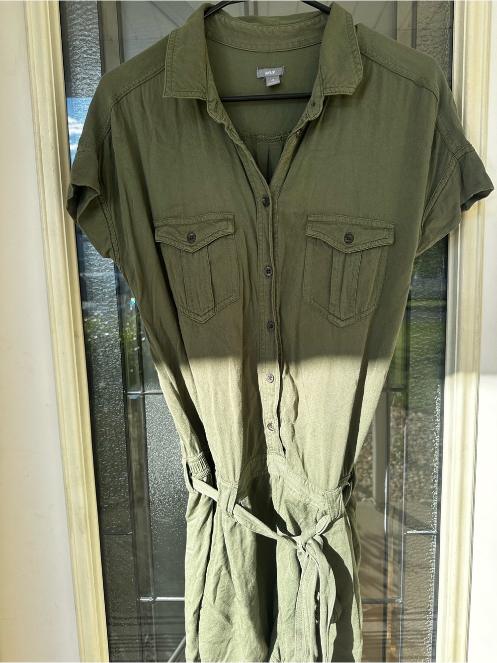 aerie Olive Utility Shirt Jumpsuit with Self-Tie Waist